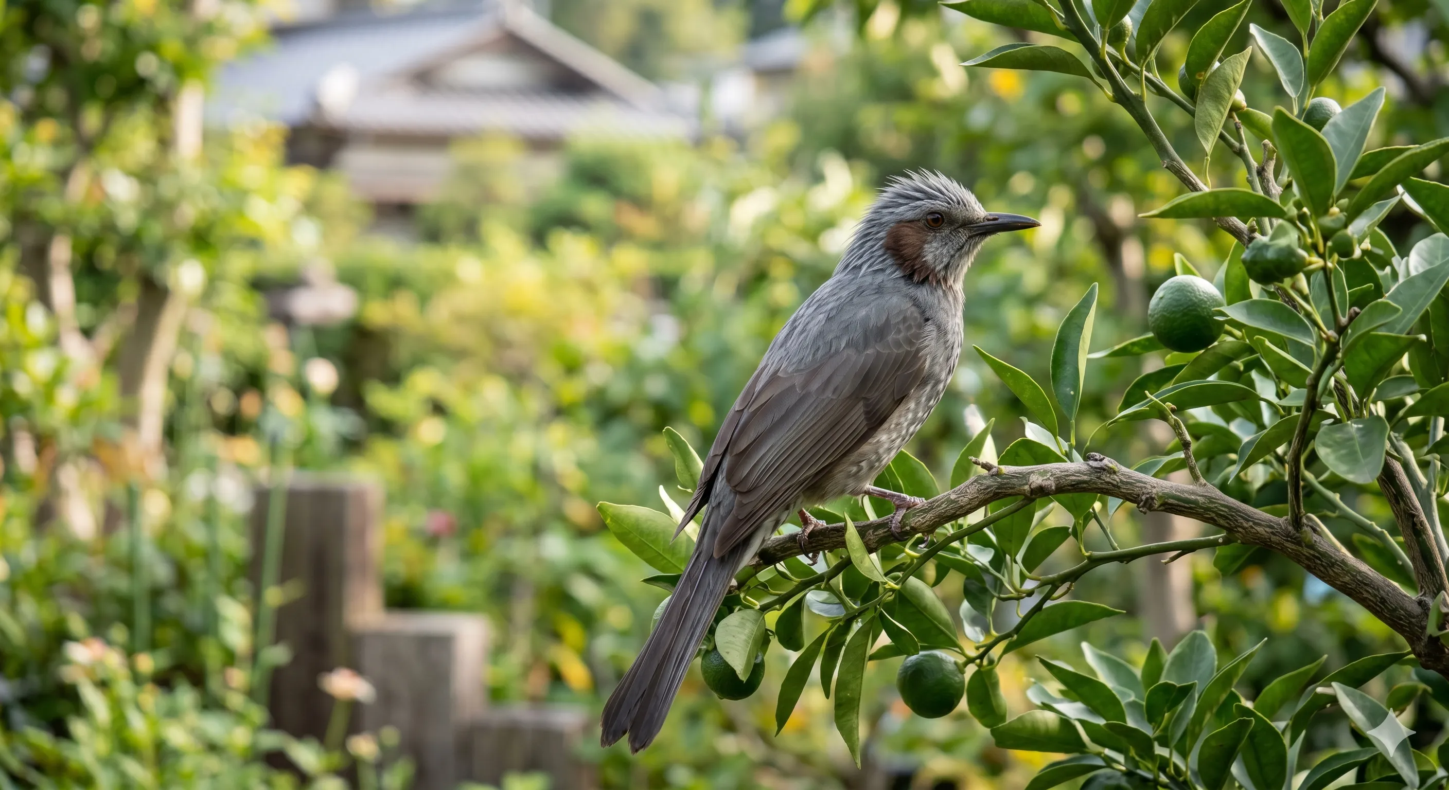 ブルーベリーの木の近くに止まったヒヨドリ